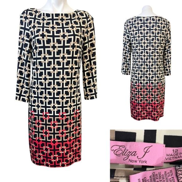Eliza J dress size 12 tan‎ red multicolor geometric print shift knee length - Picture 1 of 5